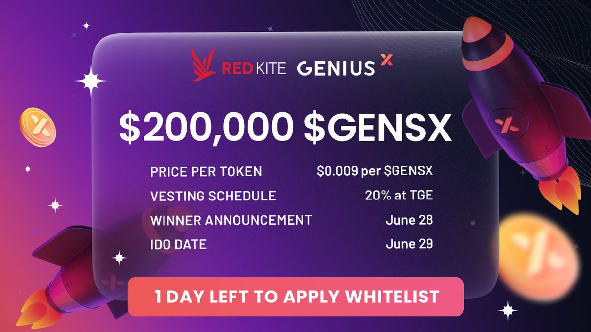 ⏰ Time is running out ⏰ 🛎 Less than 1️⃣ day left to apply whitelist for @OfficialGeniusx $GENSX IDO on Red Kite. Hurry up!!! 🔑 Join now: 👇 ☄️ IDO pool: redkitepad.com/#/buy-token/215 ☄️ Community pool: redkitepad.com/#/buy-token/216 $PKF $GENSX