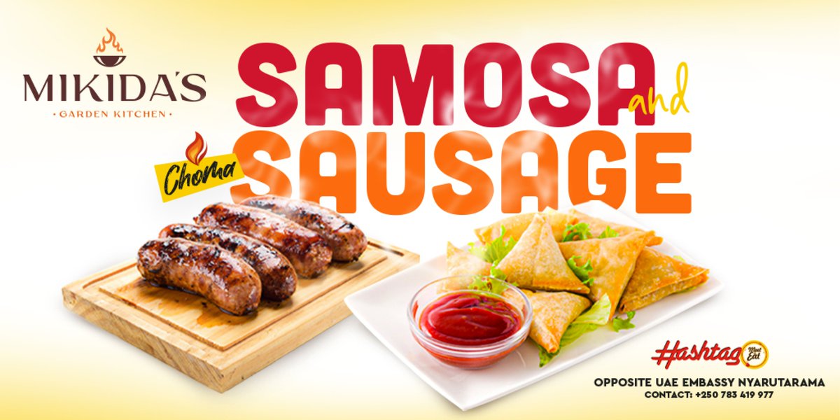 Mikidas_Kitchen's tweet photo. We did not come to play.!! Peep how delicious our choma sausage looks, together with our samosas which are said to be the best in the +250 😎! If you do not agree, we dare you to pass by Mikida's Garden Kitchen and try them💯. Ask for the spicy one (You'll thank us later) #RwOT https://t.co/CyaXTEPuQq