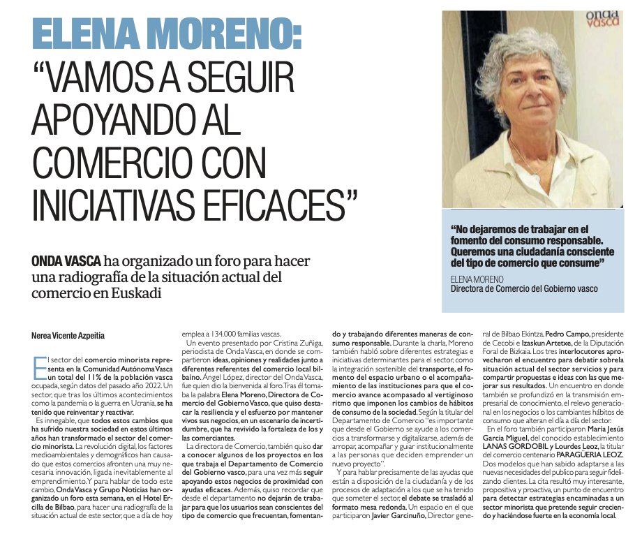 DptoTurComCon's tweet photo. 🗞️ @deia_eus informa sobre el foro de @ondavasca en el que se analizó la situación actual del sector comercial.

🗣️ La Directora de Comercio @elemoza resaltó la importancia de apoyar al #ComercioLocal y el #ConsumoResponsable. https://t.co/7mFfZTDF6w
