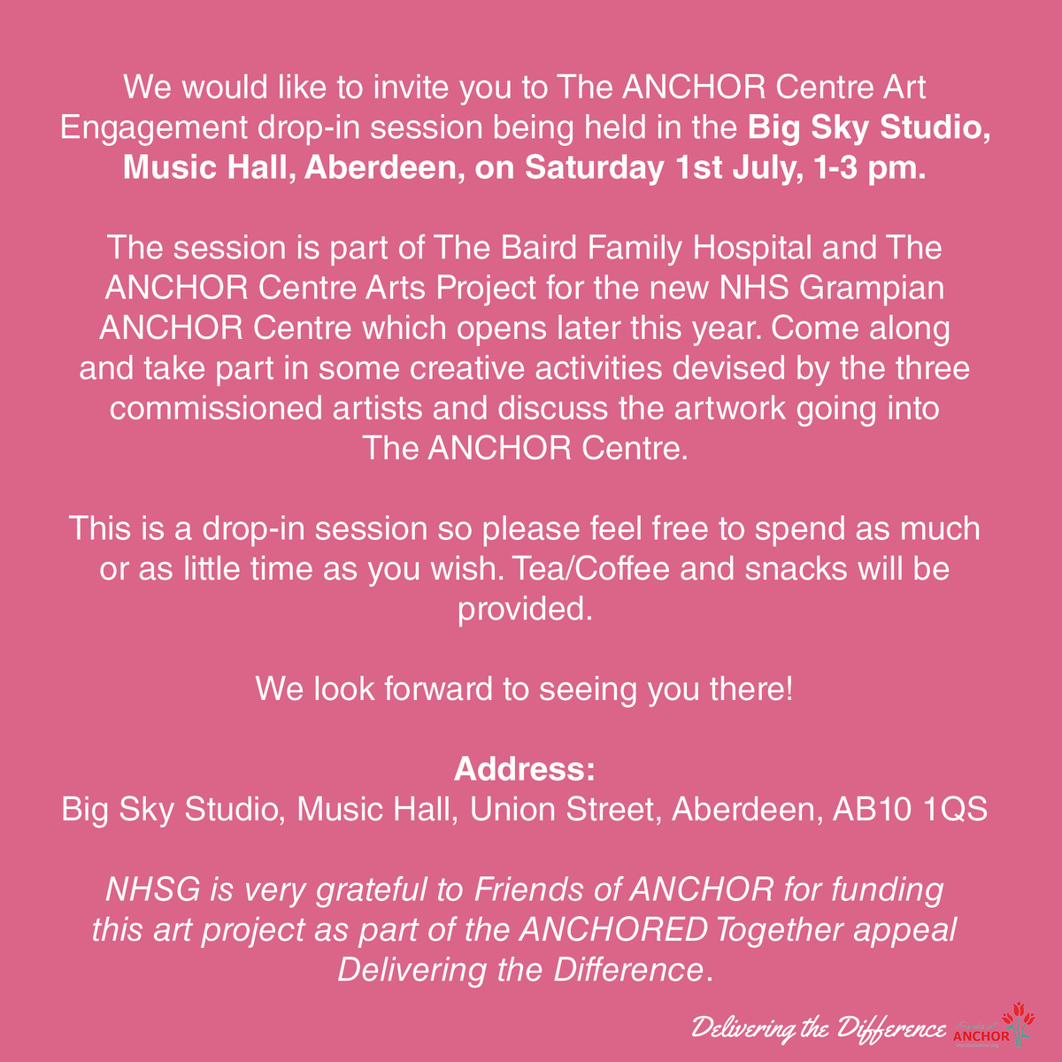 GHATArt's tweet photo. The ANCHOR Centre Art Engagement drop-in session. Big Sky Studio, Music Hall, Aberdeen, Saturday 1st July, 1-3 pm. 

This session is part of the @bairdANCHOR Arts Project for the new @NHSGrampian ANCHOR Centre.

#nhsgrampian #friendsofanchor #visualart #design #partnershipworking https://t.co/NWfCIWccRj