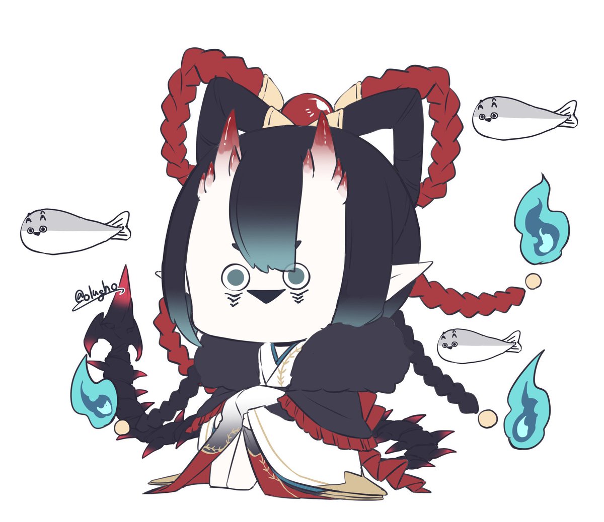 horns traditional youkai fish white background japanese clothes kimono black hair  illustration images
