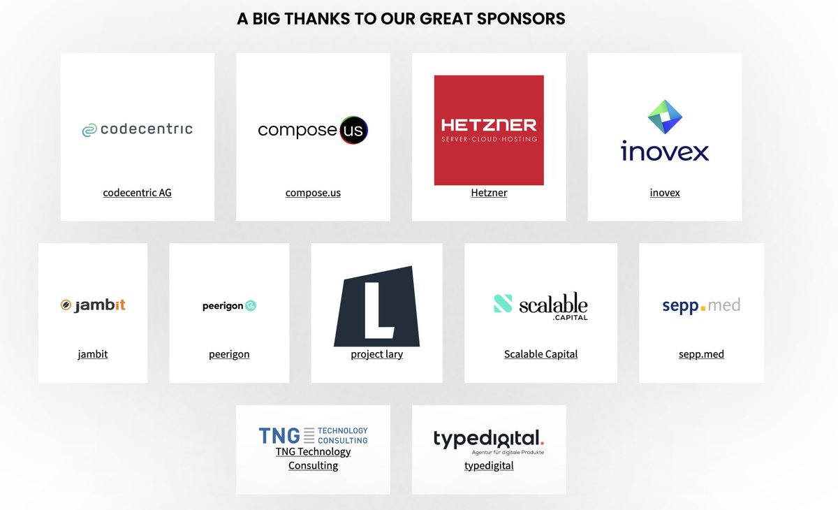 JS CraftCamp (@jscraftcamp) on Twitter photo The #jscc23 would not be as good without our sponsors.
We are glad to have some of them coming back to support.
Thanks a lot to all of them
<a href="/codecentric/">codecentric AG</a> <a href="/compose_us/">compose.us</a> <a href="/Hetzner_Online/">Hetzner</a> <a href="/inovexgmbh/">inovex GmbH</a>
<a href="/jambit/">jambit</a> @peerigon <a href="/projectlary/">project lary</a>
<a href="/ScalableCapital/">Scalable Capital Global</a> <a href="/seppmedgmbh/">sepp.med gmbh</a> <a href="/tngtech/">TNG Technology Consulting GmbH</a>
<a href="/typedigital_/">typedigital</a> The #jscc23 would not be as good without our sponsors.
We are glad to have some of them coming back to support.
Thanks a lot to all of them
<a href="/codecentric/">codecentric AG</a> <a href="/compose_us/">compose.us</a> <a href="/Hetzner_Online/">Hetzner</a> <a href="/inovexgmbh/">inovex GmbH</a>
<a href="/jambit/">jambit</a> @peerigon <a href="/projectlary/">project lary</a>
<a href="/ScalableCapital/">Scalable Capital Global</a> <a href="/seppmedgmbh/">sepp.med gmbh</a> <a href="/tngtech/">TNG Technology Consulting GmbH</a>
<a href="/typedigital_/">typedigital</a>