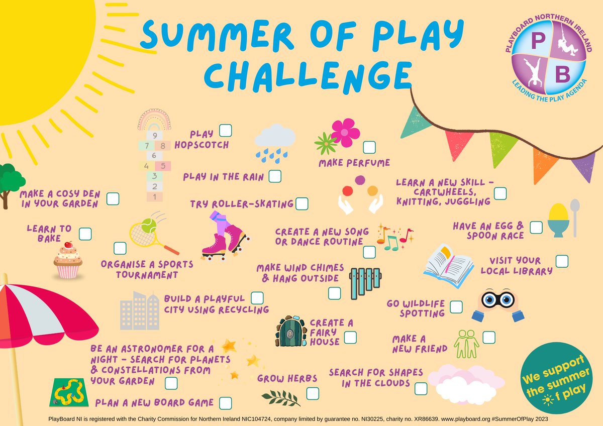 <a href="/playboard_/">PlayBoard NI</a>'s NEW Summer of Play Challenge!
The summer holidays are (almost) here so we've collated a bunch of ideas for this year's #SummerOfPlay Challenge to help children get outside and PLAY!