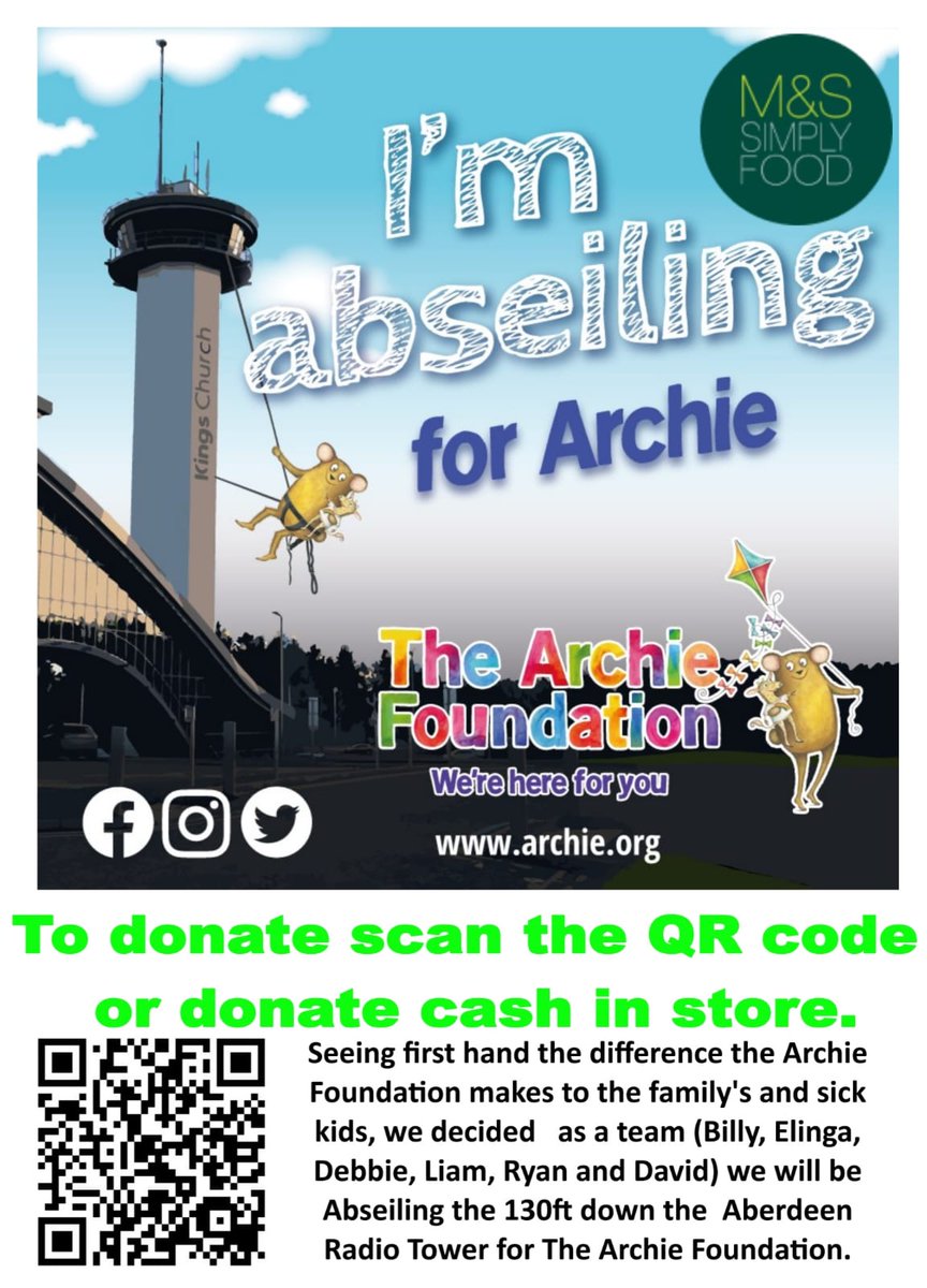 Not long now until the team Abseil for <a href="/archiegrampian/">The Archie Foundation</a>.  To donate to someone on the team, go to justgiving.com/team/mandsari or drop cash into our collection tins in store. <a href="/NHSGrampian/">NHS Grampian</a>