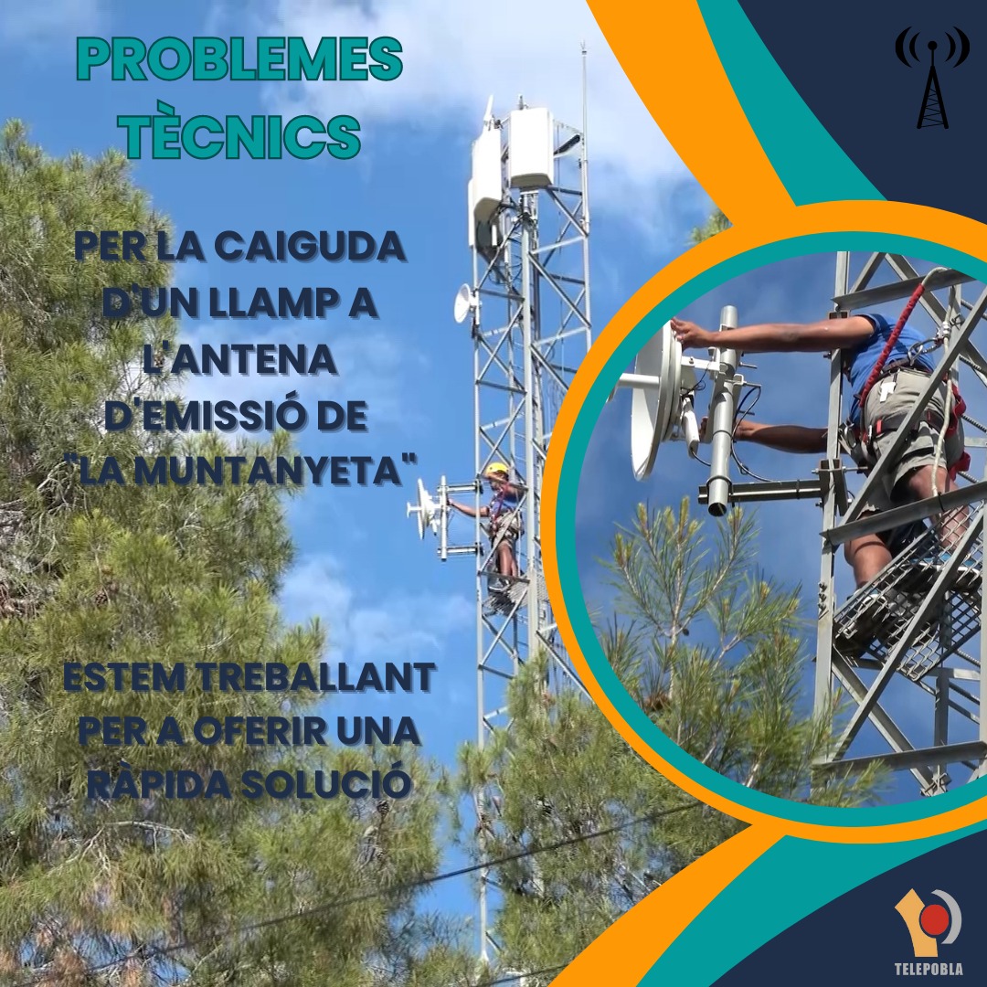telepobla's tweet photo. PROBLEMES TÈCNICS! 📡📺⚡️

A causa de la tempesta elèctrica de la matinada de diumenge a dilluns, s’ha danyat greument l’antena d’emissió situada a “La Muntanyeta”.

Els nostres programes es poden seguir visualitzant al nostre canal de Youtube amb normalitat: Telepobla https://t.co/MMVN7ms5HC