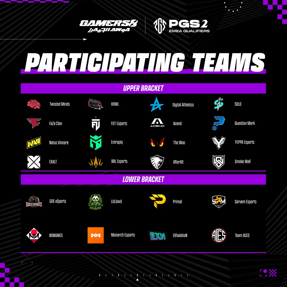 PGS 2 EMEA Qualifiers are getting closer! ⏰

The participating teams can't wait for the battle to start this Thursday 😍

<a href="/PUBGEsports/">PUBG Esports</a> #Gamers8 #TheLandOfHeroes #PUBGEsports #PGS2 #PGS2qualifiers