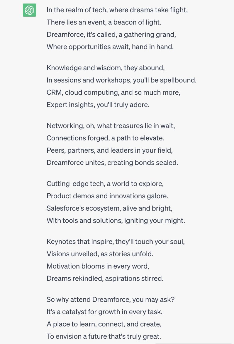 Miksi osallistua Dreamforceen, maailman suurimpaan ja taianomaisimpaan ohjelmistoalan tapahtumaan? Tekoäly kertoo ⬇️

Hanki liput early bird -alennuksella: salesforce.com/dreamforce/?ut…
#DF23