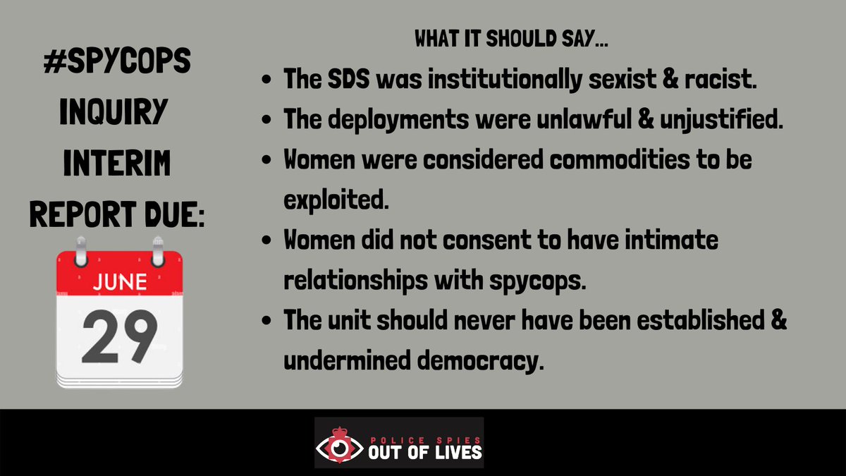 What should the Undercover Policing Inquiry Interim Report say? The Judge’s report will be out this Thursday 29th June.

In the meantime, here are OUR findings.

#Sexist #Racist #Misogynist  #NoConsent #Undemocratic #Spycops