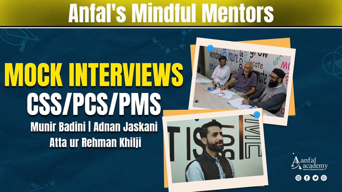 *Anfal Mindful Mentors*
Mock Interview Of Abdul Qayyum Alizai | CSS/PCS/PMS | Anfal Academy | BestCSSinQuetta

youtube.com/watch?v=DkoDYX…
 anfal.com.pk
-
#CSS #PCS #AssistantCommissioner #Sectionofficer #Interview #Preparation #English #CTD #sergeant #corporal #Dollar