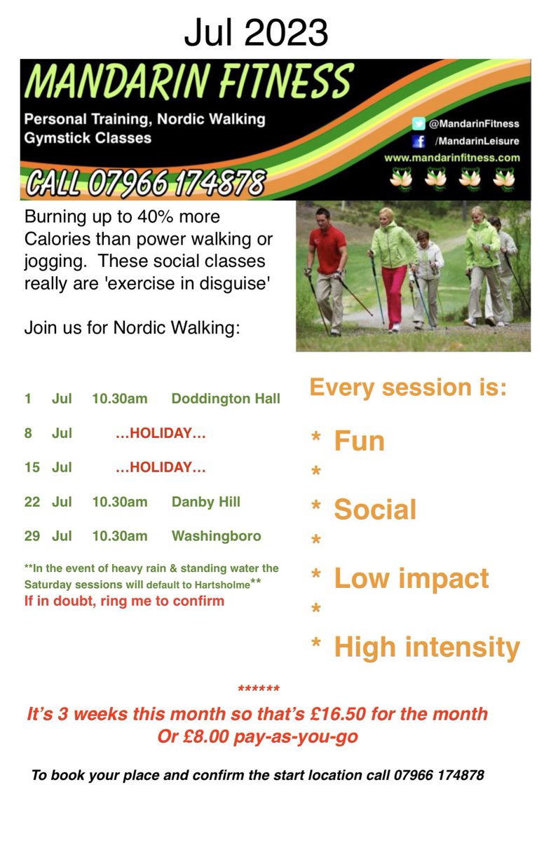 Apparently I’ve got to go on holiday in July!  I’m sure I’ll survive though 😁

Here is the #MandarinNordicWalking timetable for July.

If you fancy trying #NordicWalking please get in touch 

#LincsConnect
