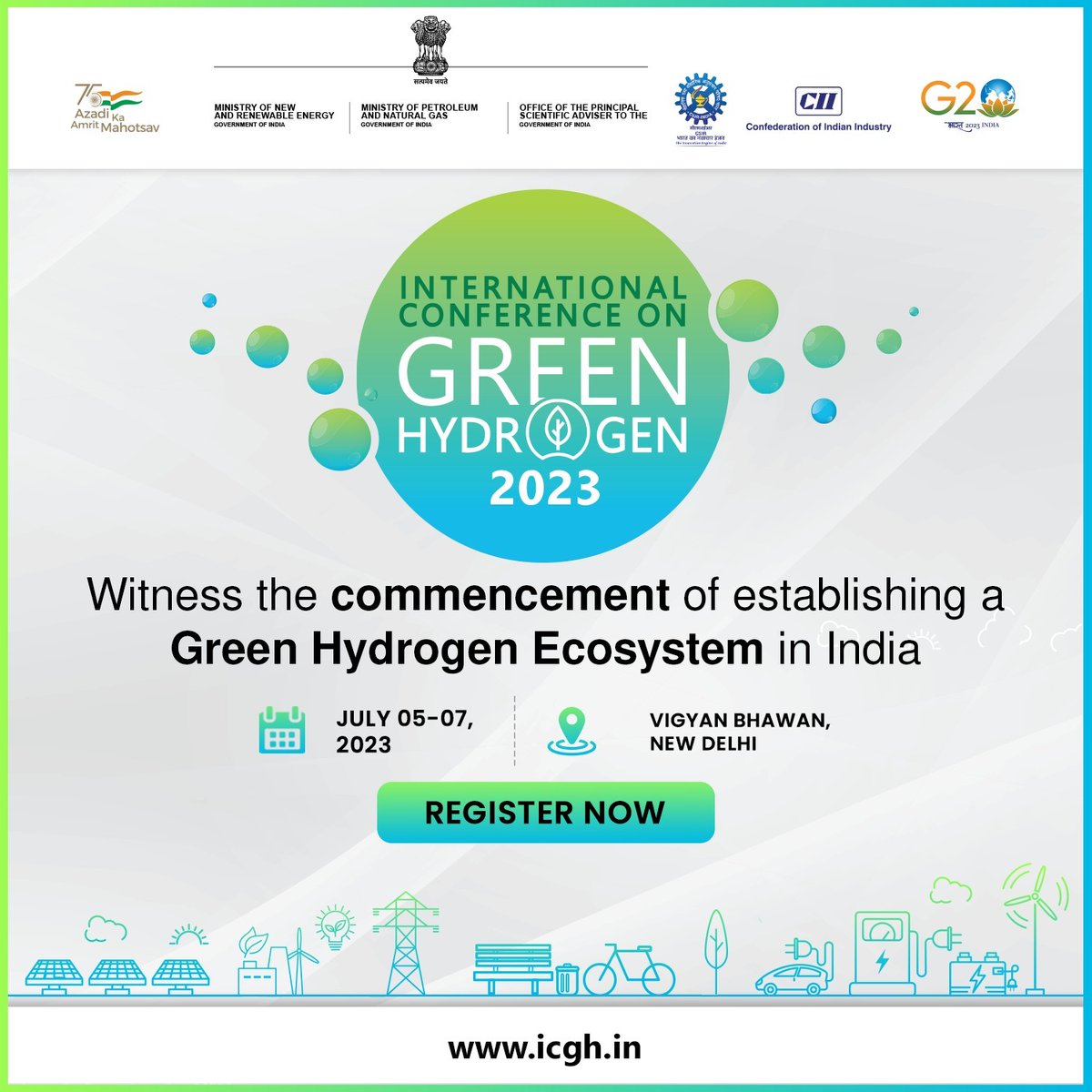 As part of its decarbonization journey, Govt of India is organizing an International Conference on Green Hydrogen (ICGH-2023) from 5 -7 July 2023 at New Delhi.

Click to Register: icgh.in/registration

<a href="/OfficeOfRKSingh/">Office of R.K. Singh</a> 
<a href="/PetroleumMin/">Ministry of Petroleum and Natural Gas #MoPNG</a>
<a href="/CSIR_IND/">CSIR, India</a>
<a href="/FollowCII/">Confederation of Indian Industry</a>
<a href="/PrinSciAdvGoI/">Principal Scientific Adviser, Govt. of India</a>