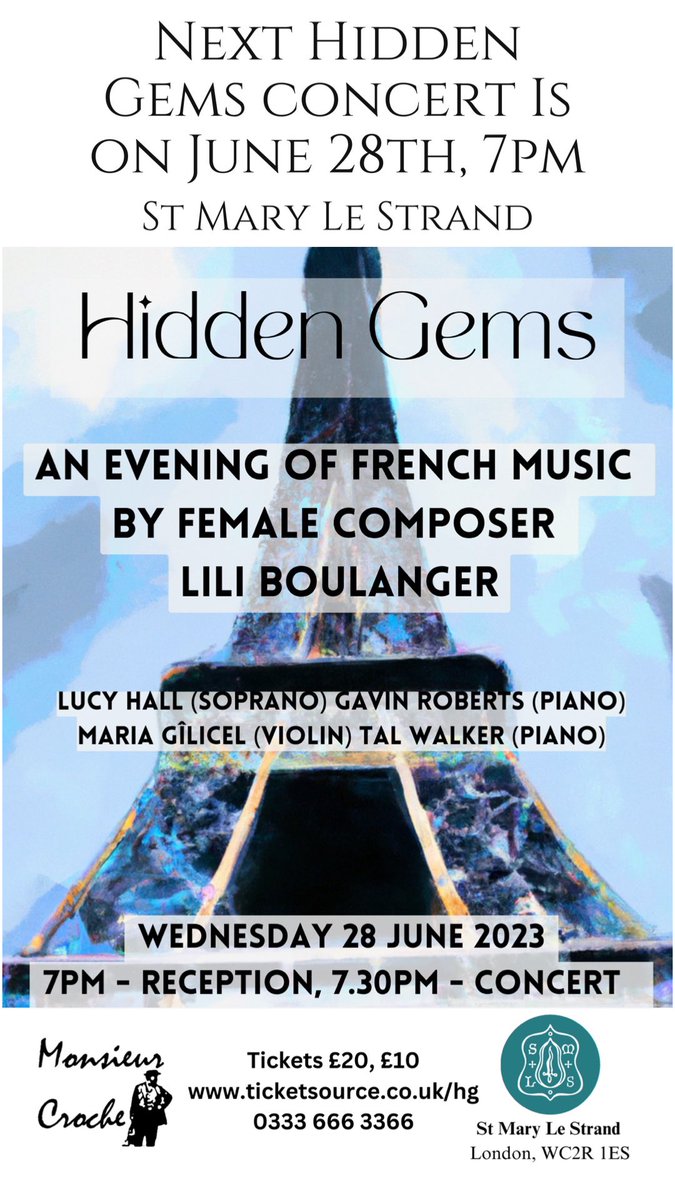 <a href="/StMaryleStrand/">St Mary le Strand - The Jewel in the Strand</a> concert tomorrow ! Enchanting music of Lili Boulanger performed by wonderful musicians with a special guest appearance of <a href="/carolinefrmus/">Caroline Potter 🇪🇺</a> narrating the life and works of Lili #LiliBoulanger #Boulanger