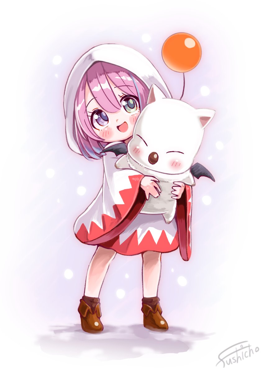 himemori luna ,moogle ,white mage 1girl pink hair heterochromia green eyes hood smile purple eyes  illustration images