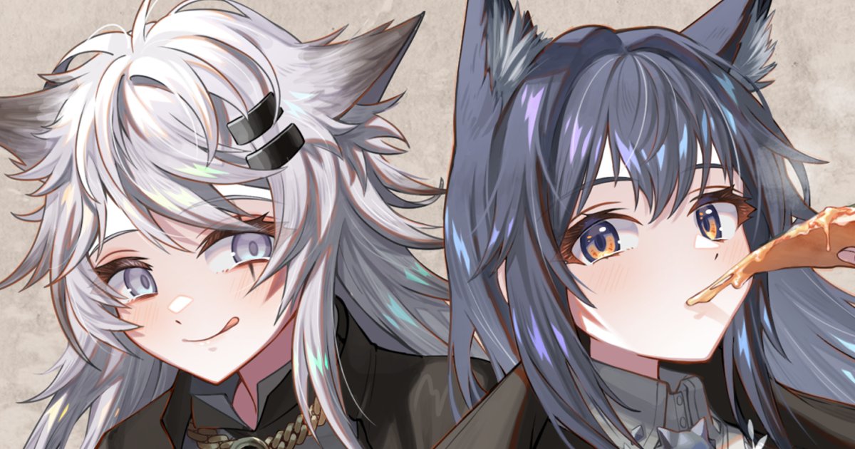 lappland (arknights) ,texas (arknights) multiple girls 2girls animal ears food holding food tongue out wolf ears  illustration images