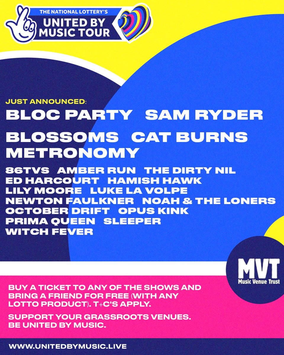 Music Venue Trust (@musicvenuetrust) on Twitter photo We're pleased to announce <a href="/BlocParty/">Bloc Party</a> & <a href="/SamRyderMusic/">Sam Ryder</a> will each perform a special one off show at a legendary grassroots venue for <a href="/TNLUK/">The National Lottery</a> #unitedbymusic. Also joining us, <a href="/NewtonFaulkner/">Newton Faulkner</a>, @EdHarcourt, <a href="/HHawkOfficial/">Hamish Hawk</a>, <a href="/AmberRun/">Amber Run</a>, <a href="/WITCHFEVER/">WITCH FEVER</a>, <a href="/noahsloners/">Noah and the Loners</a>, <a href="/LilyMooreMusic/">Lily Moore</a> + more... We're pleased to announce <a href="/BlocParty/">Bloc Party</a> & <a href="/SamRyderMusic/">Sam Ryder</a> will each perform a special one off show at a legendary grassroots venue for <a href="/TNLUK/">The National Lottery</a> #unitedbymusic. Also joining us, <a href="/NewtonFaulkner/">Newton Faulkner</a>, @EdHarcourt, <a href="/HHawkOfficial/">Hamish Hawk</a>, <a href="/AmberRun/">Amber Run</a>, <a href="/WITCHFEVER/">WITCH FEVER</a>, <a href="/noahsloners/">Noah and the Loners</a>, <a href="/LilyMooreMusic/">Lily Moore</a> + more...