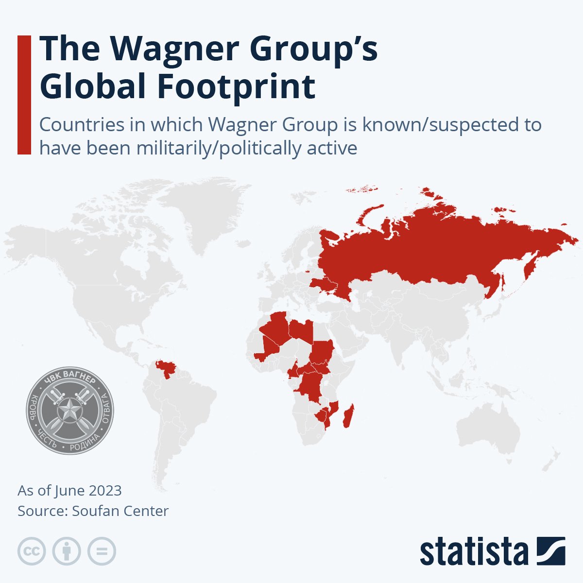 Wagner'in askeri/politik olarak aktif olduğu ülkeler.