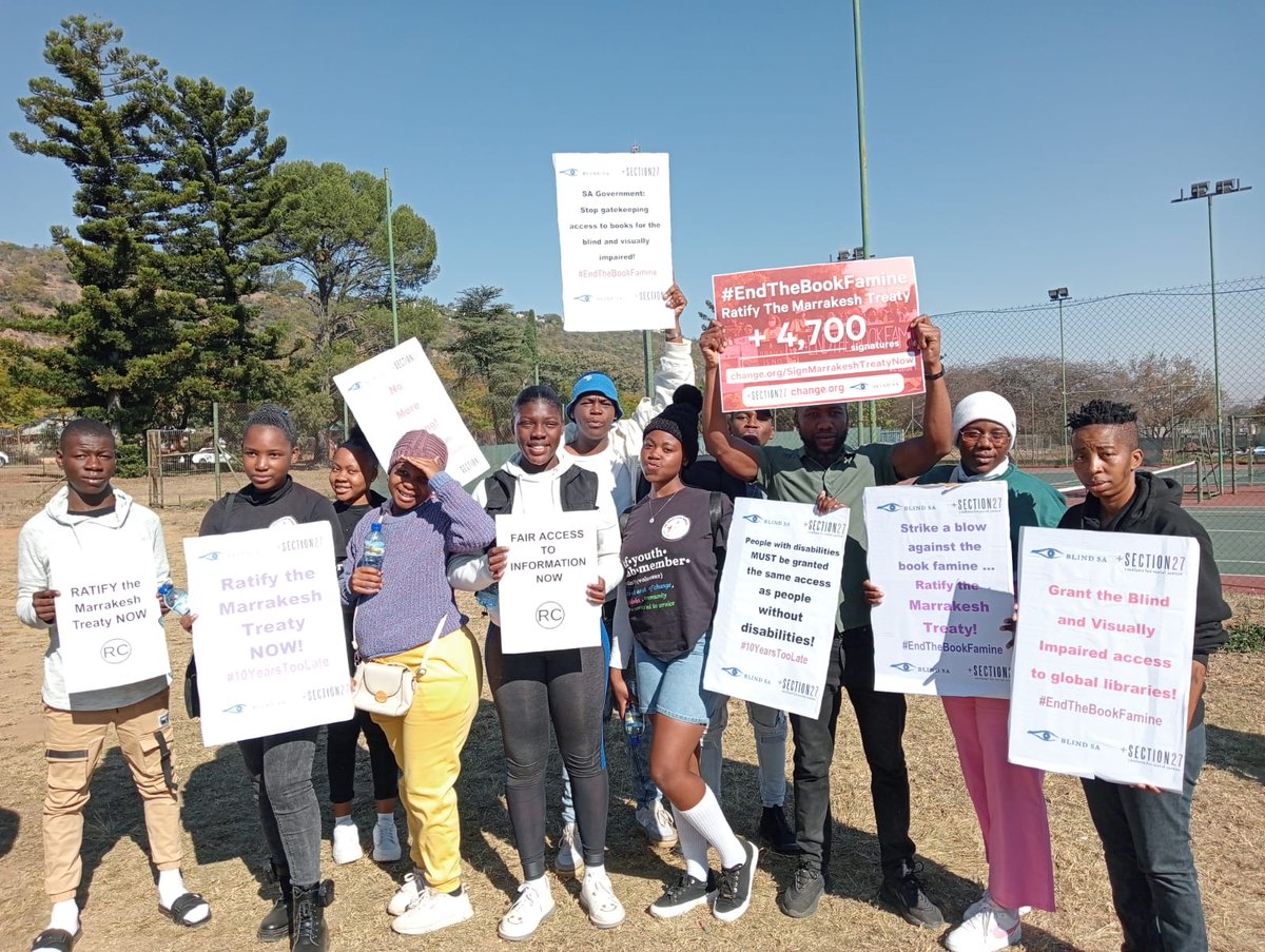 KathradaYouth's tweet photo. AKF's Soshanguve Youth Club members are participating in a march organised by #BlindSA & @SECTION27news . The call is for the Marrakesh Treaty to be ratified by the SA Gov in order to create more accessible published works for blind & visually impaired people. #BookFamine https://t.co/TsaGKXEa4G