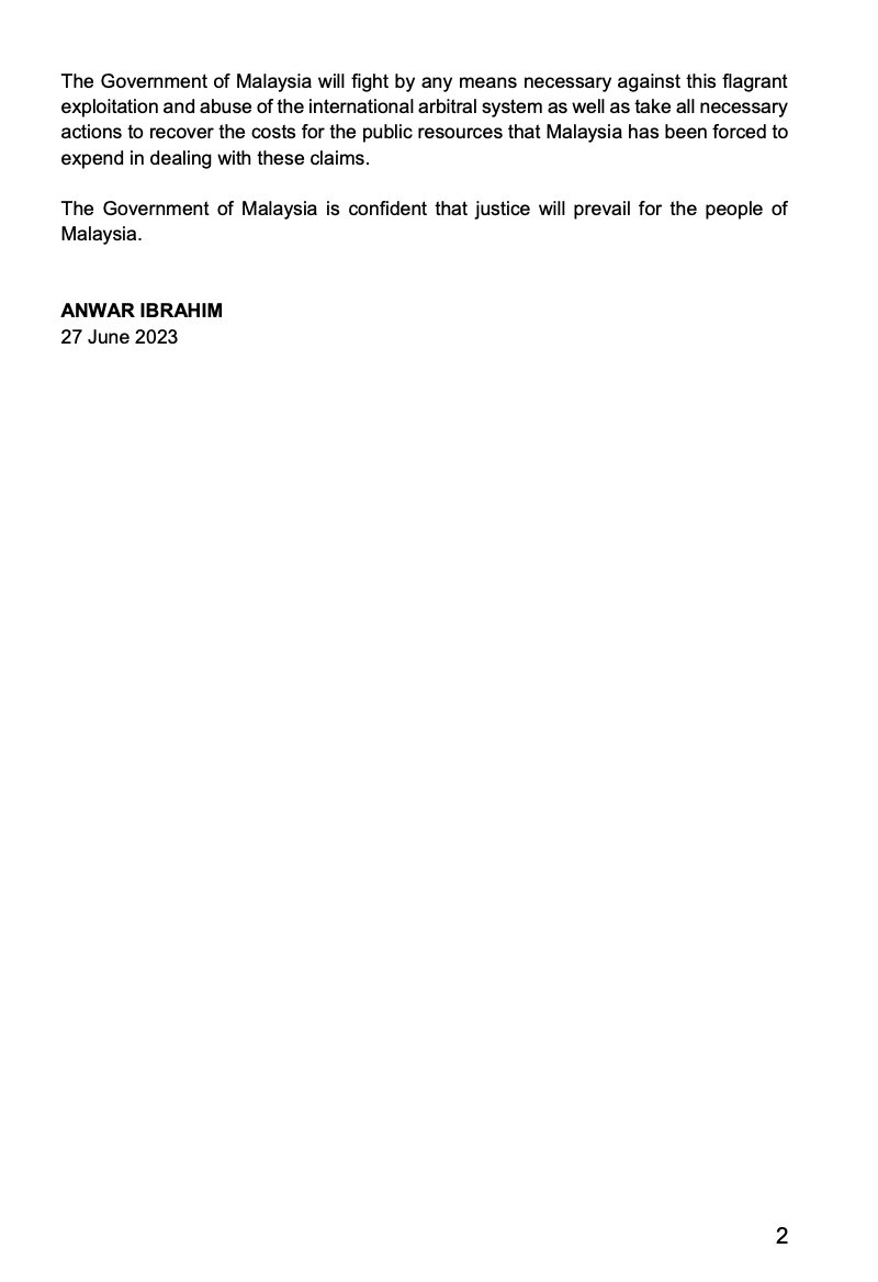 AzalinaOthmanS's tweet photo. MEDIA STATEMENT by the PRIME MINISTER OF MALAYSIA

MALAYSIA SECURES LANDMARK VICTORY IN THE HAGUE COURT OF APPEAL IN THE SULU CASE

27 June 2023 https://t.co/FLmLvxYvuZ