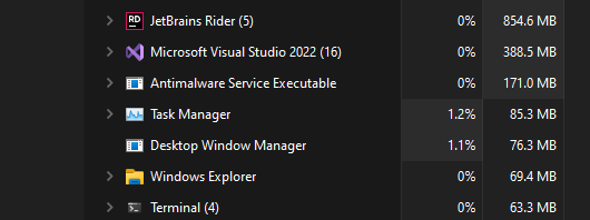 giammin's tweet photo. memory footprint @VisualStudio with @resharper 
 (small C# solution loaded ) vs @JetBrainsRider (just started, on welcome screen no solution loaded) https://t.co/rv5EqZ7VYv