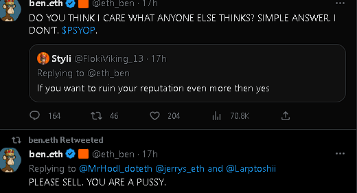 It went pretty fast from builder and founder, to maniac and terrorist. <a href="/eth_ben/">ben.eth</a>   Block this guy. Cut his attention that drive him and give power.
<a href="/Bitboy_Crypto/">GIGA CHAD</a> $BEN