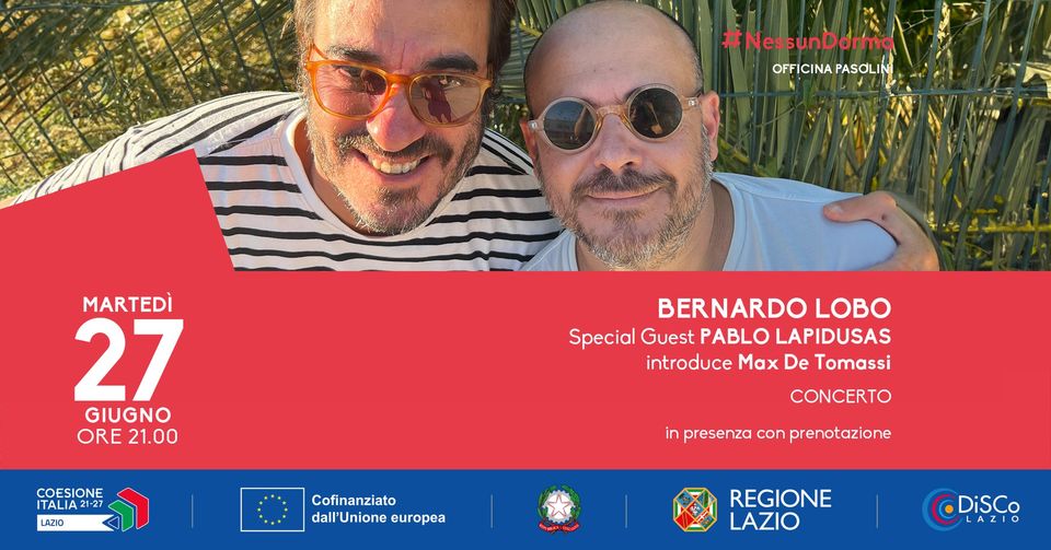 #BernardoLobo, straordinario chitarrista brasiliano, questa sera al #Teatro #EduardoDeFilippo di #OfficinaPasolini, con il pianista #PabloLapidusas. Il concerto è gratuito e ci sono ancora pochi posti liberi: prenota su bit.ly/OP_BernardoLobo
<a href="/RegioneLazio/">Regione Lazio</a> #laziodisco