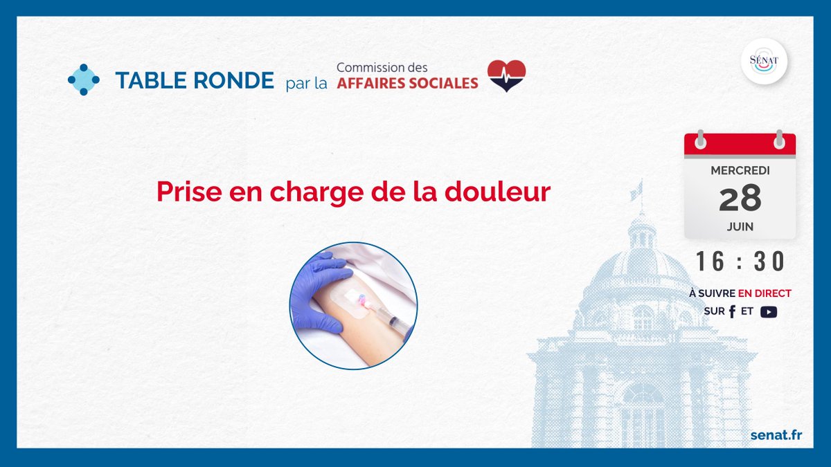 🔴 À 16h30, suivez en direct, sur nos réseaux sociaux et notre site, la table ronde sur la prise en charge de la douleur, organisée par la #ComAfSocSénat.

Avec <a href="/HAS_sante/">Haute Autorité de santé</a>, <a href="/SFETD_Douleur/">SFETD</a>, <a href="/marclevequemd/">Marc LΞVΞQUΞ</a>

Nos réseaux sociaux :
🎥 sén.at/oggwP7