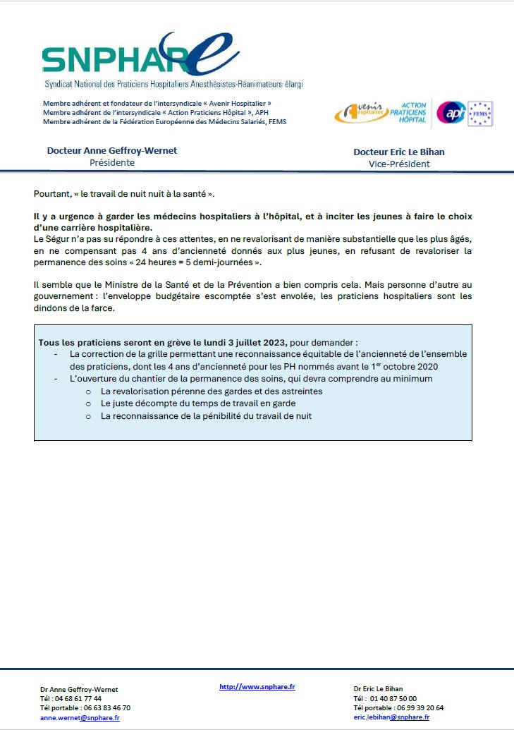 La permanence des soins est menacée, la santé de nos concitoyens est en danger.

Les praticiens hospitaliers seront en grève le Lundi 3 juillet, 08 heures, au Mardi 4 juillet, 08 heures.