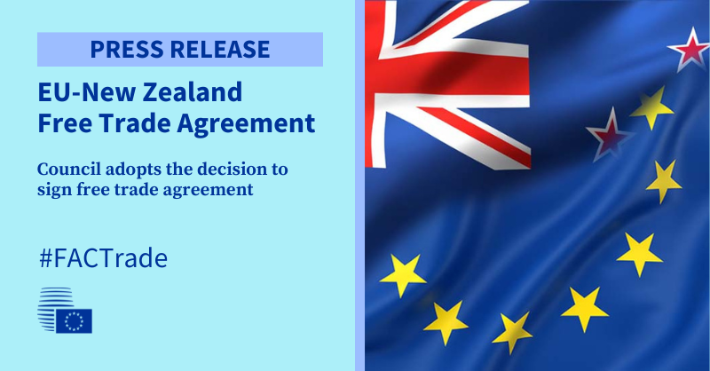 EUCouncilPress's tweet photo. On 27 June, @EUCouncil adopted a decision on the signature of the free trade agreement (#FTA) with New Zealand. 

👉Read our press release: https://t.co/2NXyqHPfug
#FACTrade https://t.co/MMe4jCFZaO