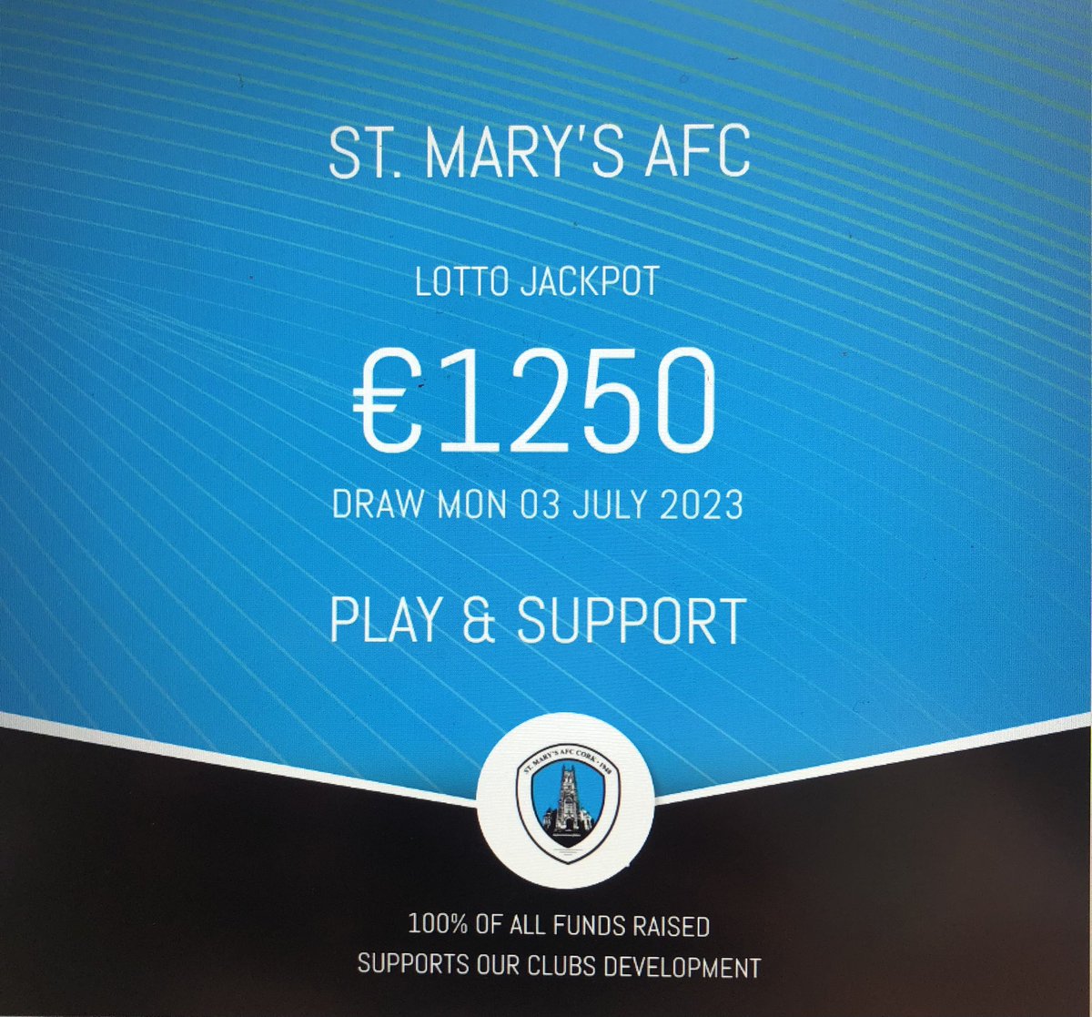 No winner of lasts nights jackpot draw!  Lucky dip winner Charles O’Sullivan. 
Next weeks draw €1250. 
Remember your small gesture is huge to helping us develop our great club.
To play-   smartlotto.ie/st-marys-afc/?…