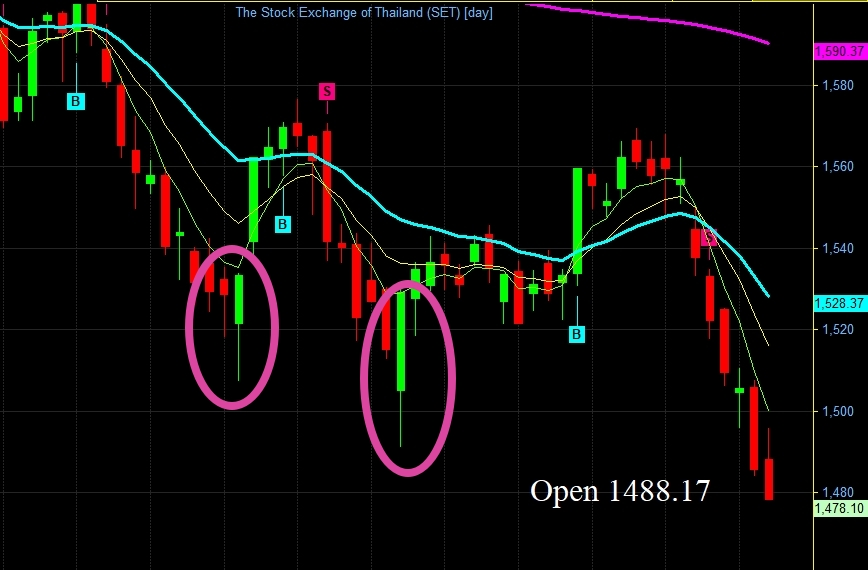 16.45/

set 1478.10 ปิดต่ำ แท่งแดงยาว

ยังพลิกไม่ได้ !!

ต้องพลิกแบบ 2 ครั้งที่แล้ว (วงไว้)
ทำแท่งเขียว ผสมกับ Hammer ด้วย  Sum วันนั้น กองทุนซื้อหนักๆ สองวันด้วย