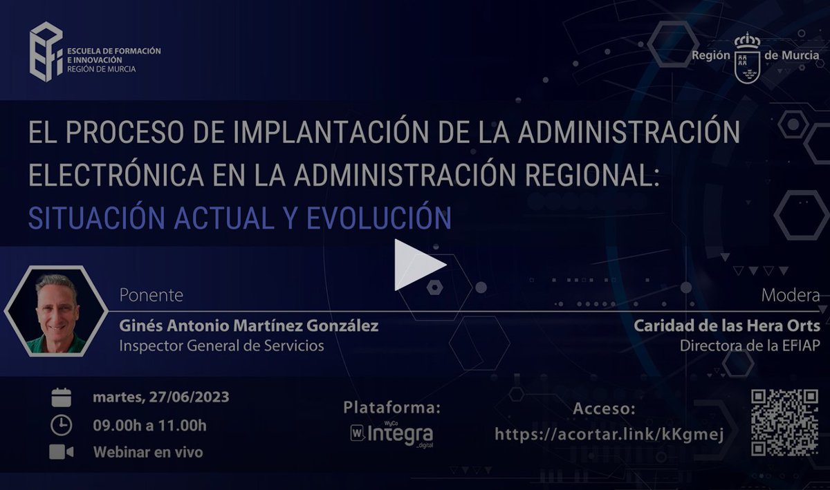 VicepresidenRM's tweet photo. Hoy hemos celebrado una webinar sobre 'El proceso de implantación de la #administracionelectronica en la Administración regional: situación actual y evolución'. 
La actividad ha sido organizada conjuntamente por la Inspección General de Servicios (IGS) y la @EFIAP_Murcia https://t.co/dOlfD8Wkd9