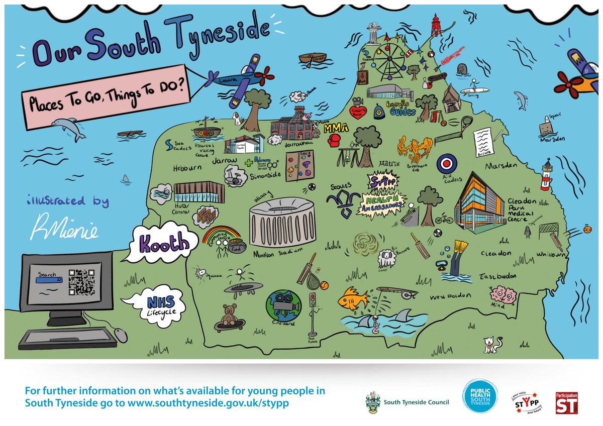 South Tyneside Young People’s Parliament presents: Our South Tyneside — Places To Go, Things To Do. This is both a digital and illustrated map set to be placed in every secondary school in the borough to support young people in accessing all things health and well-being.