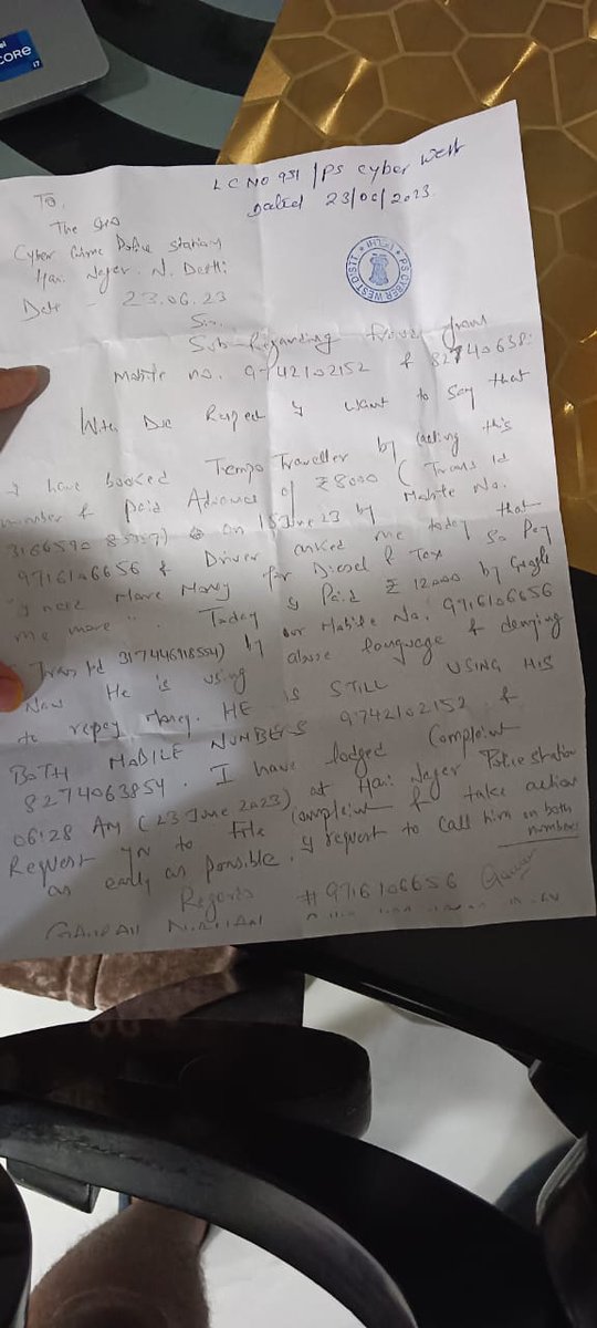 Complaint filed on 23 Jun23(6 AM) for cyber crime in Hari nagar police station(cyber crime) even complaint filed on call 1930 but no action taken I.O appointed Thakur singh is saying he will look into it on Friday'that is after 10 Days of crime!Hats off to working style @CPDelhi