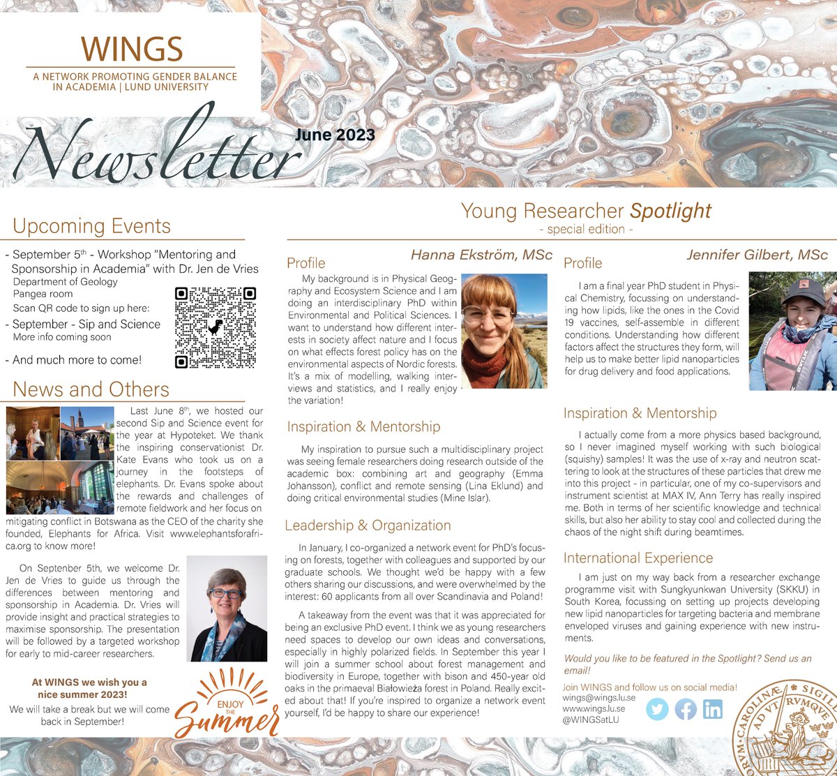 WINGS June Newsletter 
In a special edition of the "Young Researcher Spotlight" this month we have 2 PhD students: @hanna_eks and Jennifer Gilbert. Check out their amazing work!
At WINGS we will see you again in September with more exciting events. Enjoy the summer!
 #WomenInSTEM