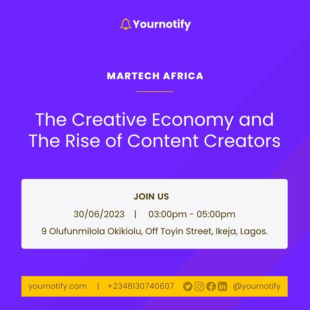 Are you ready to take your content game to the next level? 🤩

Join us for another exciting #MartechAfrica event this Friday, June 30th, from 3 pm to 5 pm! 🌟

Powered by #Yournotify

The theme is "The Creative Economy and the Rise of Content Creators" 

See you there😍