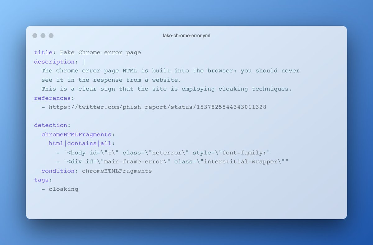 From identifying phishing sites to detecting C2 panels, people have used IOK to do it all.

IOK (Indicator Of Kit) is a detection language for web pages: write rules based on the page content, response headers and more. And it's open source: github.com/phish-report/I…