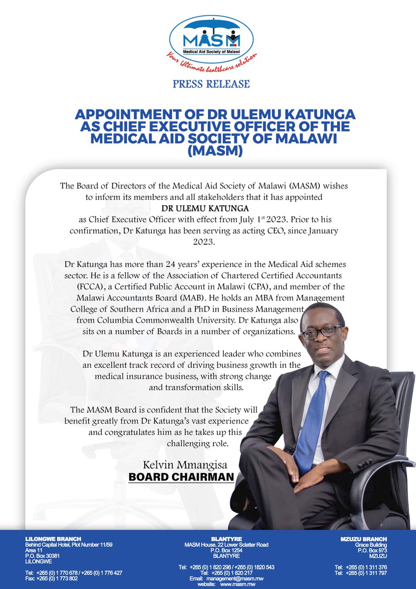 IMPORTANT NOTICE.

APPOINTMENT OF DR ULEMU KATUNCA AS CHIEF EXECUTIVE OFFICER OF THE MEDICAL AID SOCIETY OF MALAWI (MASM)

#staycovered #masmhealth