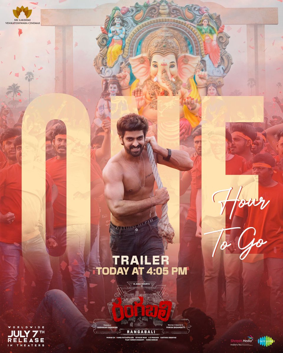 #Rangabali
ONE HOUR TO GO for the #Rangabali trailer 💥

Today at 4.05 PM ❤‍🔥

Stay tuned to watch the grand trailer launch event! 
- youtu.be/25GojbuLs0E

@IamNagashaurya #YuktiThareja @PawanBasamsetti @pawanch19 @DivakarManiDOP #KarthikaSrinivas #ASPrakash @SLVCinemasOffl