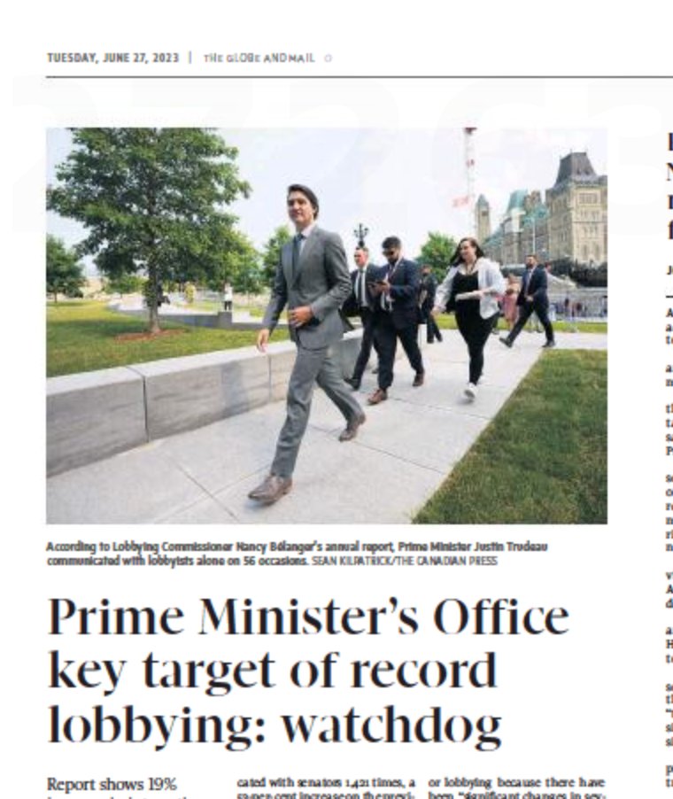 PRIME MINISTER’S OFFICE KEY TARGET OF RECORD LOBBYING: WATCHDOG
PMO was lobbied 1,602 times, including with Mr. Trudeau present, compared with 1,117 times the previous year. Mr. Trudeau communicated with lobbyists alone on 56 occasions...
PMO was lobbied 1,602 times, including…