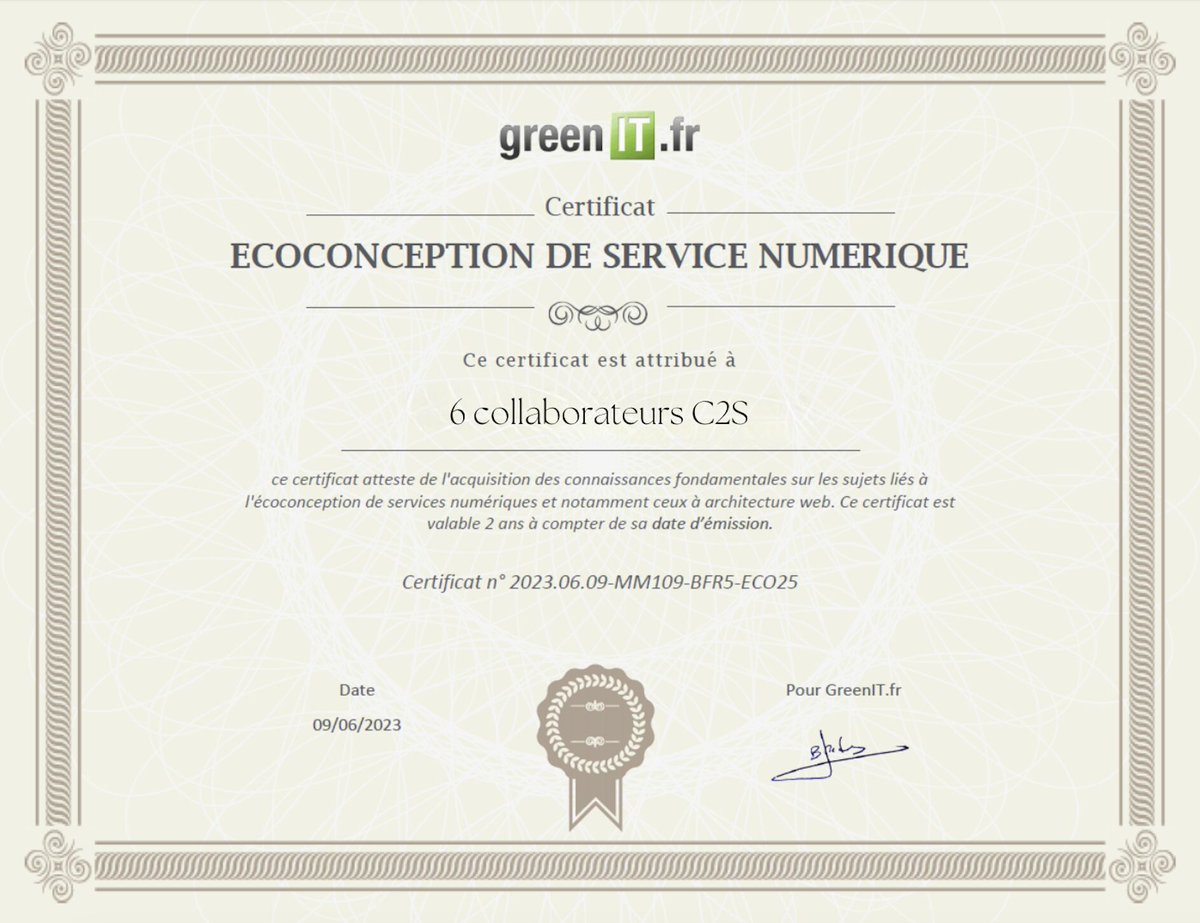 La sobriété, est inévitable, nos experts vous accompagnent !

Il était naturel que nous nous intéressions à la certification #écoconception de service numérique délivrée par l’association GreenIT.fr.
 
6 de nos collaborateurs viennent d’obtenir cette certification.