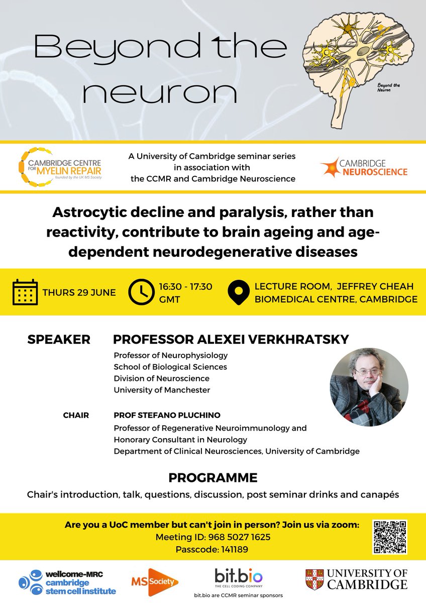 This week's Beyond the Neuron seminar will be delivered by the great @verkhratsky!
🗣️'Astrocytic decline and paralysis, rather than reactivity, contribute to brain ageing and age-dependent neurodegenerative diseases'
📅Thurs 29 June @ 16:30
📍JCBC Lecture Room/QR for Zoom