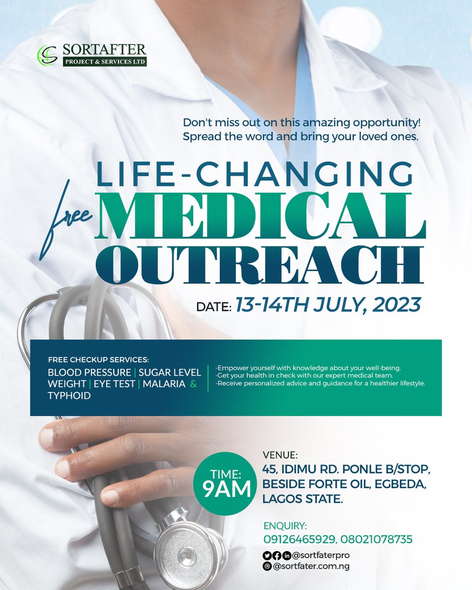 sortafterpro's tweet photo. Join us for a life-changing Free Medical Outreach! 
Empower yourself with knowledge about your well-being. Our expert medical team is here to guide you.
🌿 Let's prioritize our health together and make a difference in our community!
#freemedicalcare https://t.co/QRsNpSFhp2