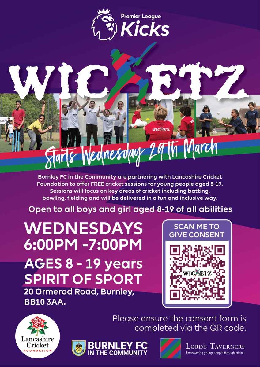 📢LCF and @LordsTaverners have partnered with @BurnleyFC_Com to deliver a Burnley #Wicketz Hub 

The session offers FREE cricket sessions for young people aged 8-19 running every Wednesday🏏

For more information: WRadcliffe@lancashirecricket.co.uk 📷@Burnley_CC