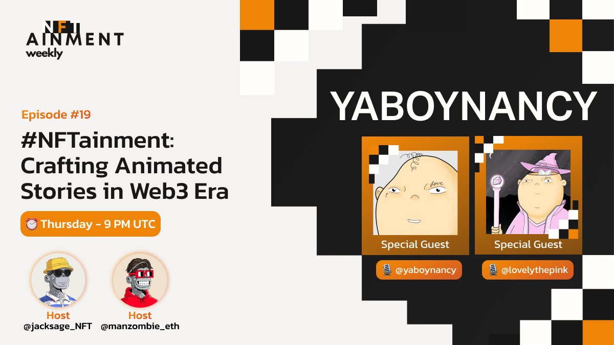 #NFTwiseDaily invites you to an exciting episode of Twitter Spaces w/ SPECIAL GUESTS:

• @yaboynancy 

• @lovelythepink

creators of animated series powered by NFT community & @GameStopNFT 

Hosted by: @jacksage_nft @manzombie_eth

Tune in on Thur, June 29th, 9pm UK Time

🎙️👇
