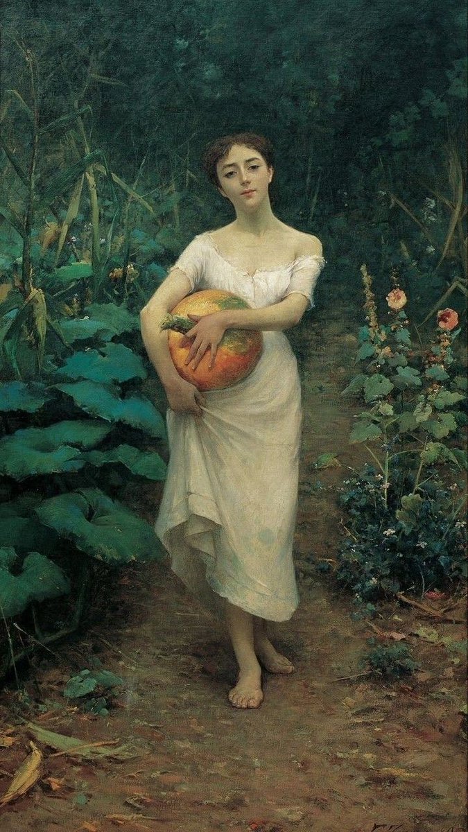 Felice Martedì di Giugno
Happy June Tuesday

Today my food comes from
my garden🍏🌶🥒🥦🥕

#27giugno 
#Artlovers 
#painting 
#ArtistOnTwitter 
#TuesdayFeeling 

#Art #Artist Fausto Zonaro
Youg girl carrying a pumpkin, 1889