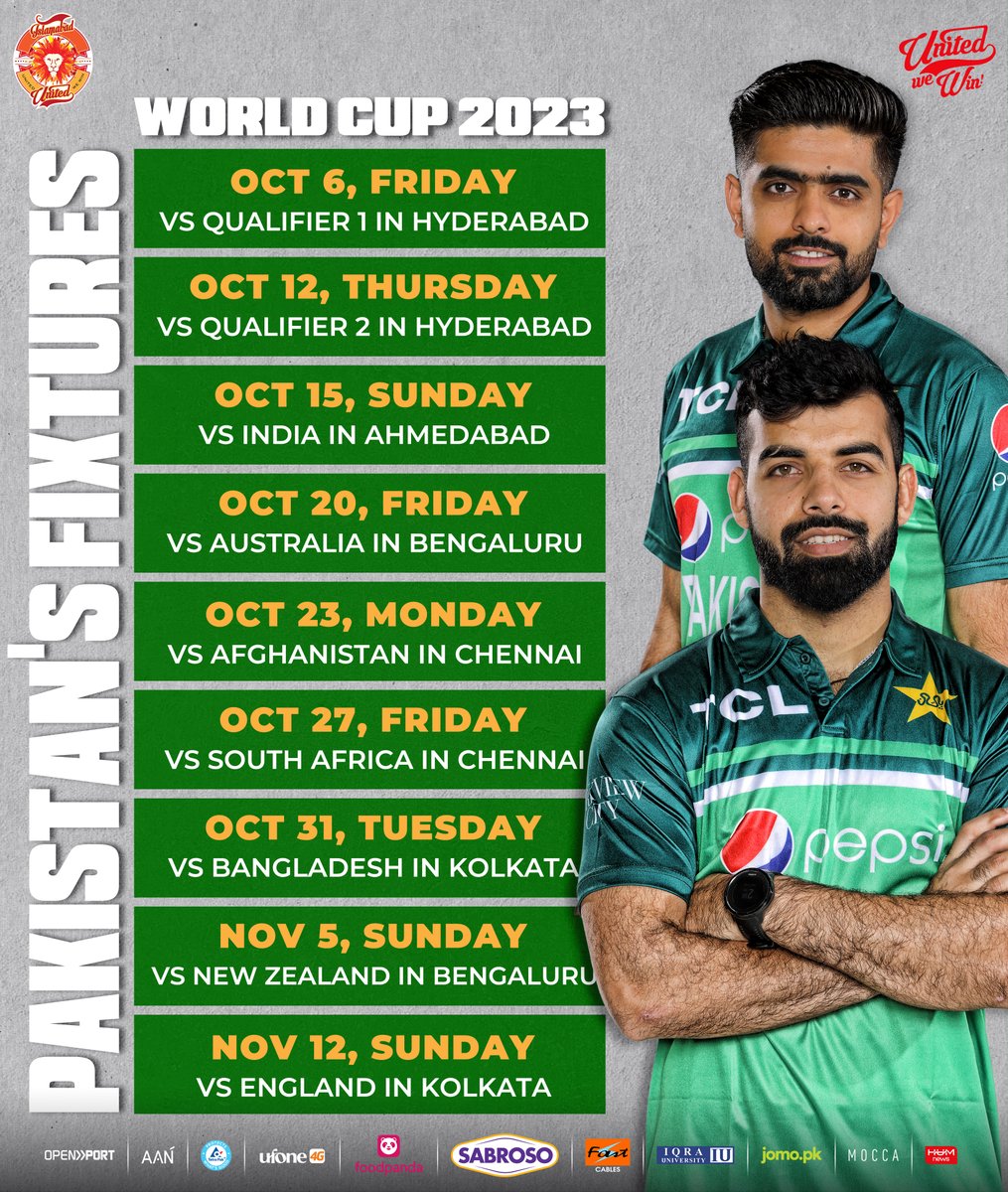 Mark your calendars! The #CWC23 schedule has been announced. Our #Sherus🦁 will be roaring on the following dates & venues. 🙌

Wishing the #MenInGreen the best of luck!

Let's show the world our cricketing prowess and bring home that 🏆.

#UnitedWeWin #UnitedForPakistan