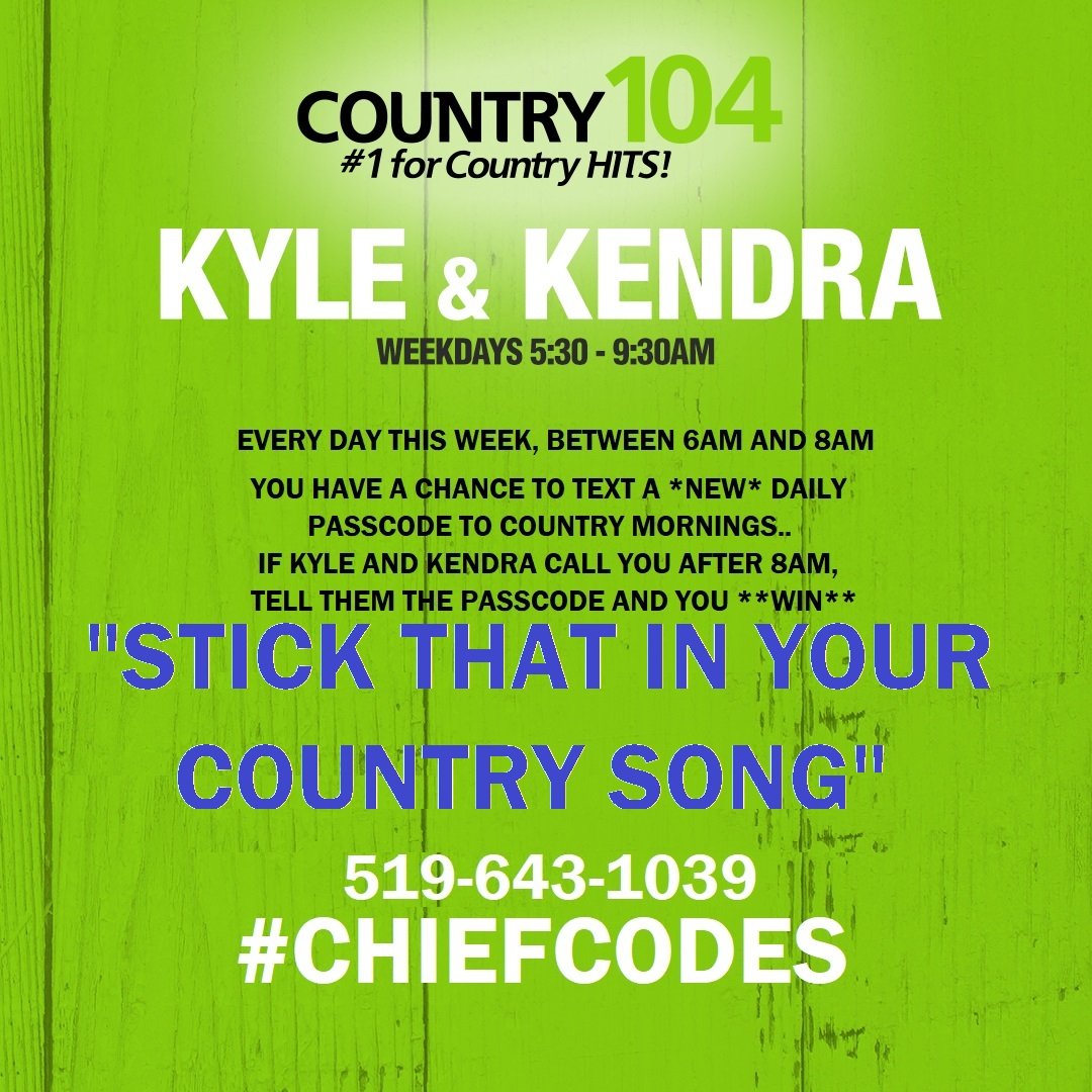 Country104's tweet image. Another day, another #ChiefCode!! Text us the code at 519-643-1039 between 6am-8am for your chance to win @ericchurch tickets to @budweiserstage July 6th!! 🧑‍💻🎶🎤
#ChiefCodes #EricChurch #Country104 

@MooreKendy &amp;amp; @kylegrimard 
Listen live: country104.com/player/