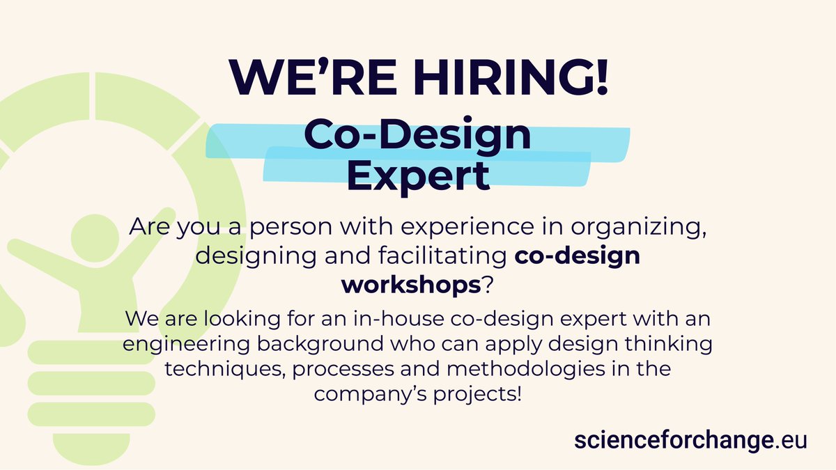 SciencefChange's tweet photo. 🚨 We are searching for an enthusiastic, creative, proactive and extremely organized candidate who will become a #CoDesign Expert within the co-design team at #ScienceForChange 

Be part of the change! 🙌 #jobopportunity ⤵️
https://t.co/wNWoD8NGfX https://t.co/BNXXzWqgPf