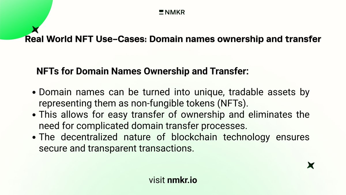 nmkr_io's tweet image. Did you know that NFTs can be used for domain name ownership and transfer? At NMKR, we're passionate about building tools that make NFTs accessible and practical for everyone to solve real-world problems. #NFTs #RealWorldUseCases