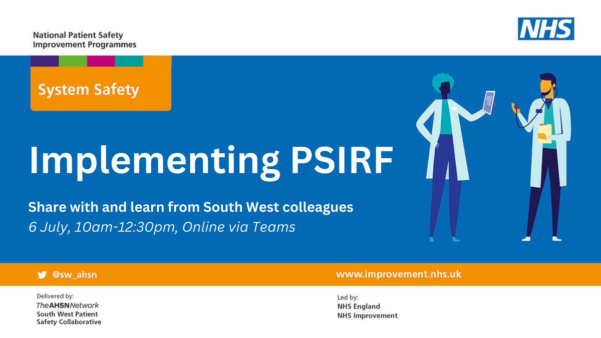 HealthInSW's tweet photo. Join #SouthWest colleagues next month in implementing the new Patient Safety Response Framework (#PSIRF) 

This online session looks at Phase 2: Diagnostic &amp; Discovery and Phase 3: Governance &amp; Quality Monitoring

Register now: https://t.co/8lvg1BQ8Uf https://t.co/WnN6n7PLzj